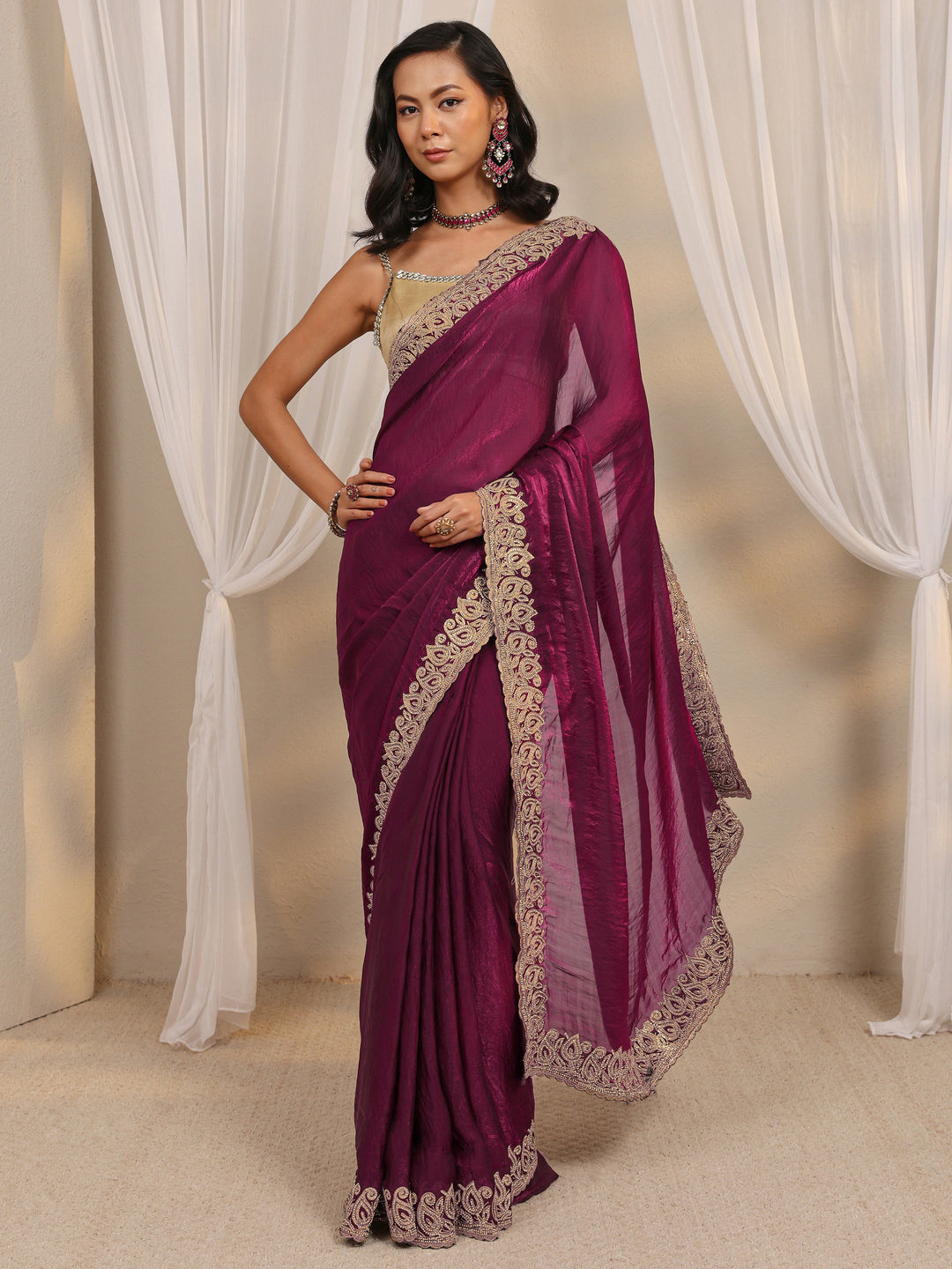  Wine Embellished Tissue Saree With Unstitched Blouse Piece 