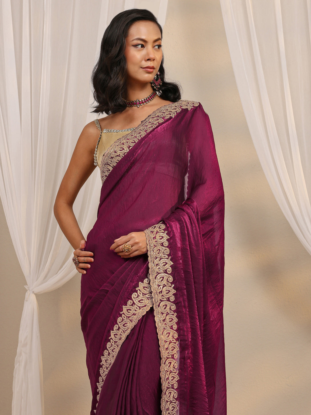  Wine Embellished Tissue Saree With Unstitched Blouse Piece 