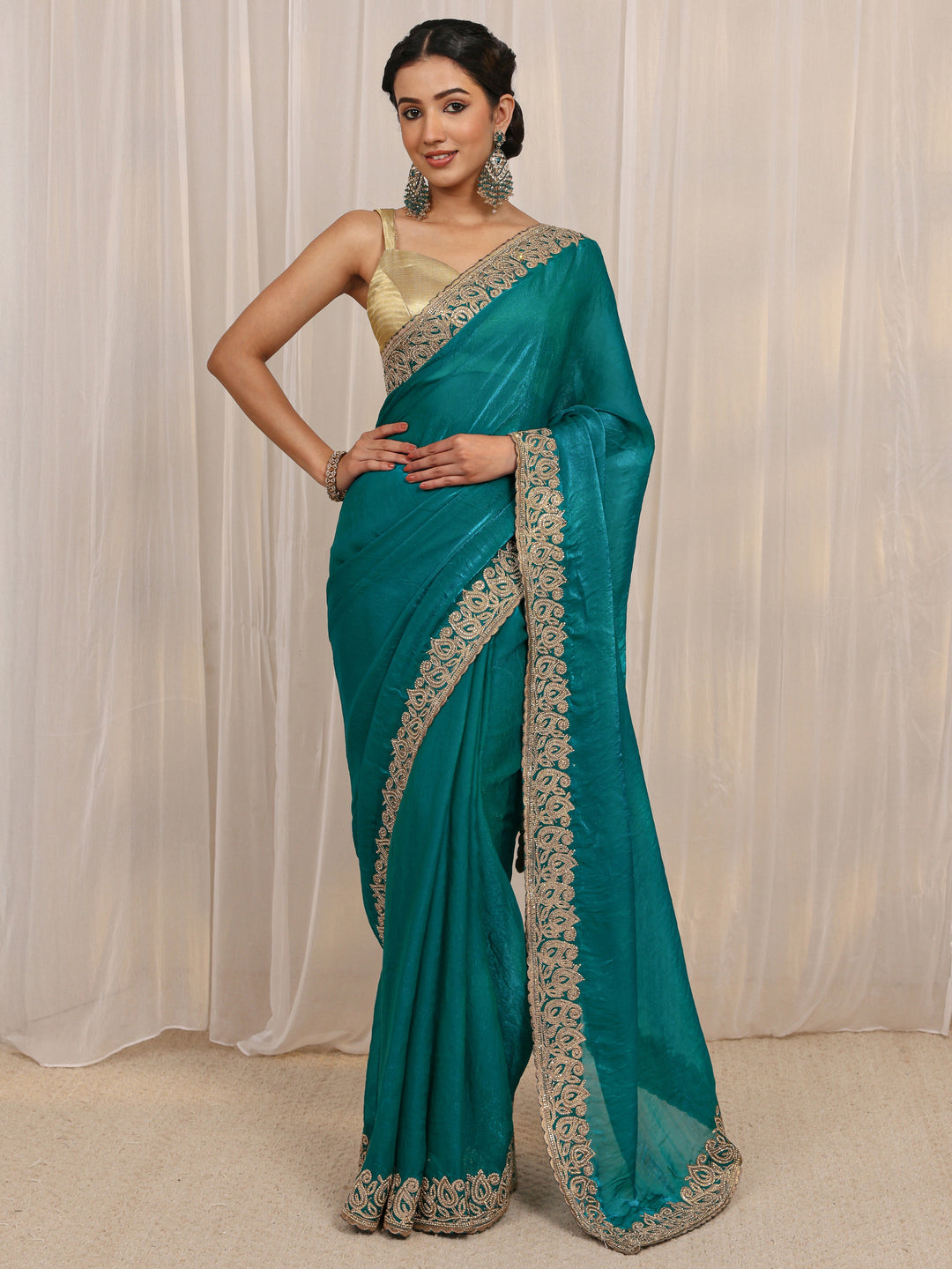  Blue Embellished Tissue Saree With Unstitched Blouse Piece 