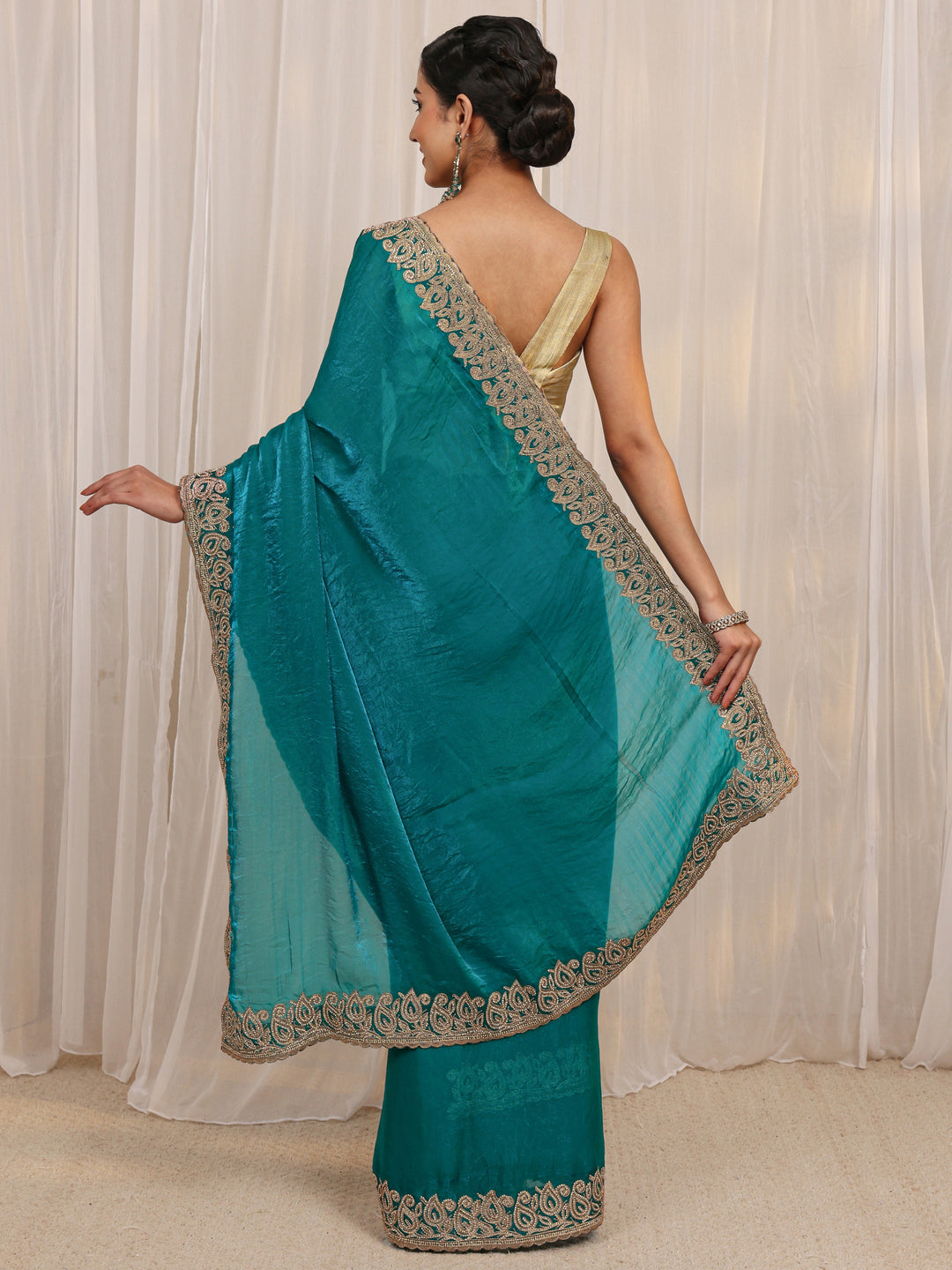  Blue Embellished Tissue Saree With Unstitched Blouse Piece 