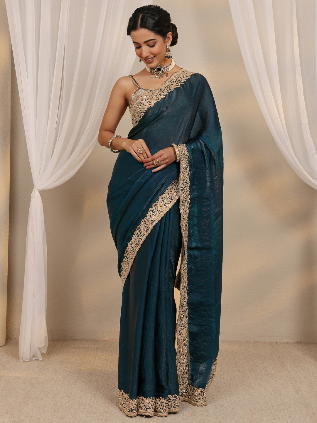  Teal Embellished Tissue Saree With Unstitched Blouse Piece 