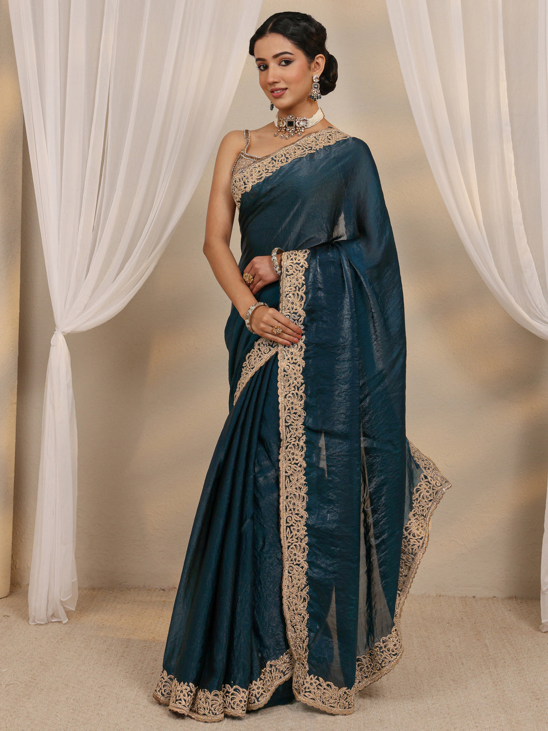  Teal Embellished Tissue Saree With Unstitched Blouse Piece 