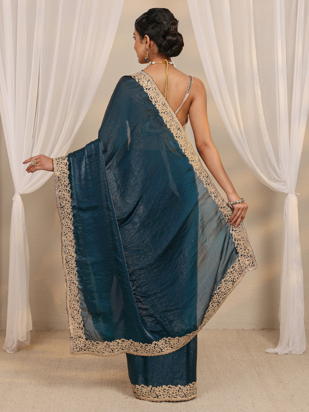 Teal Embellished Tissue Saree With Unstitched Blouse Piece 
