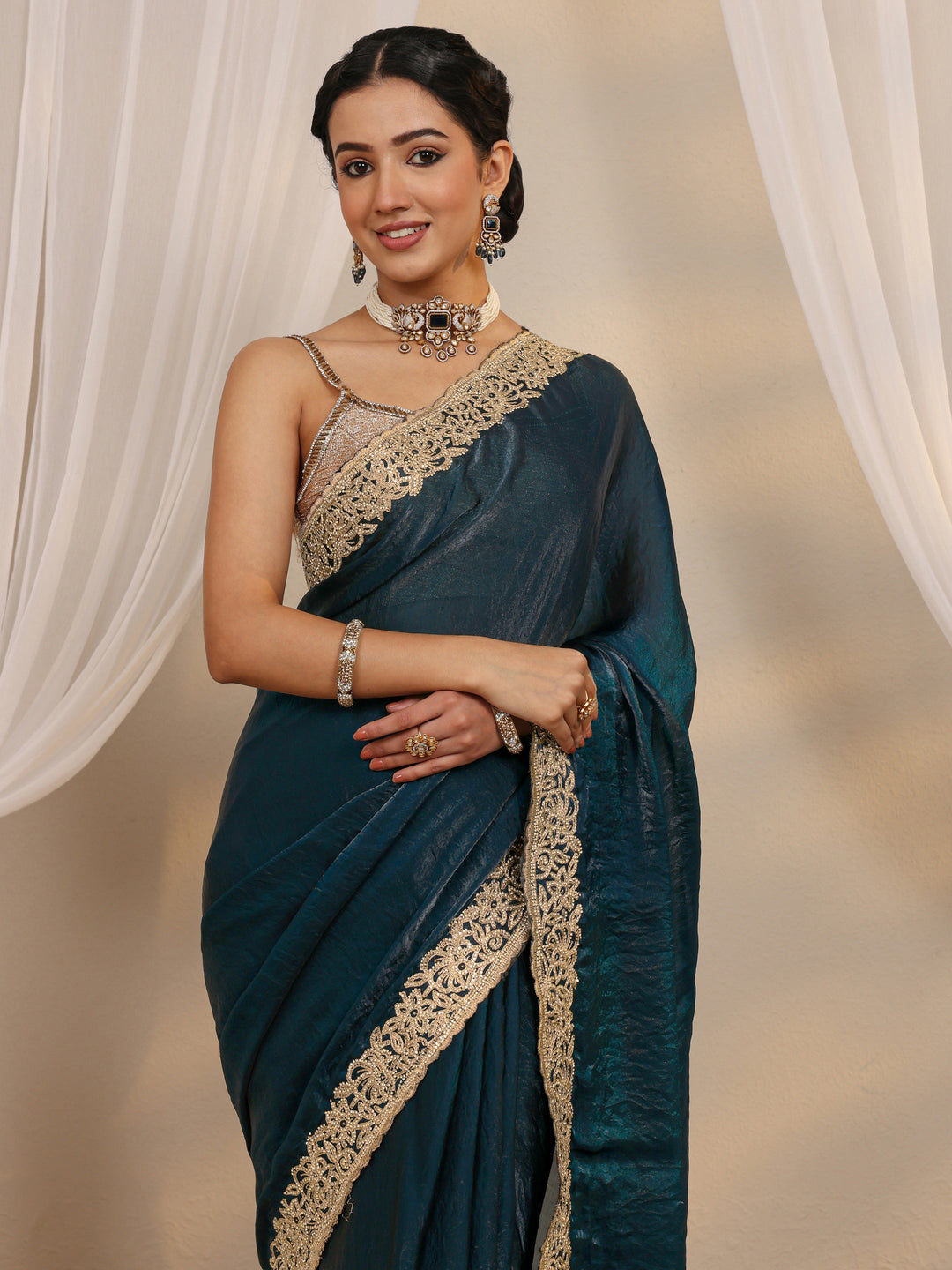  Teal Embellished Tissue Saree With Unstitched Blouse Piece 