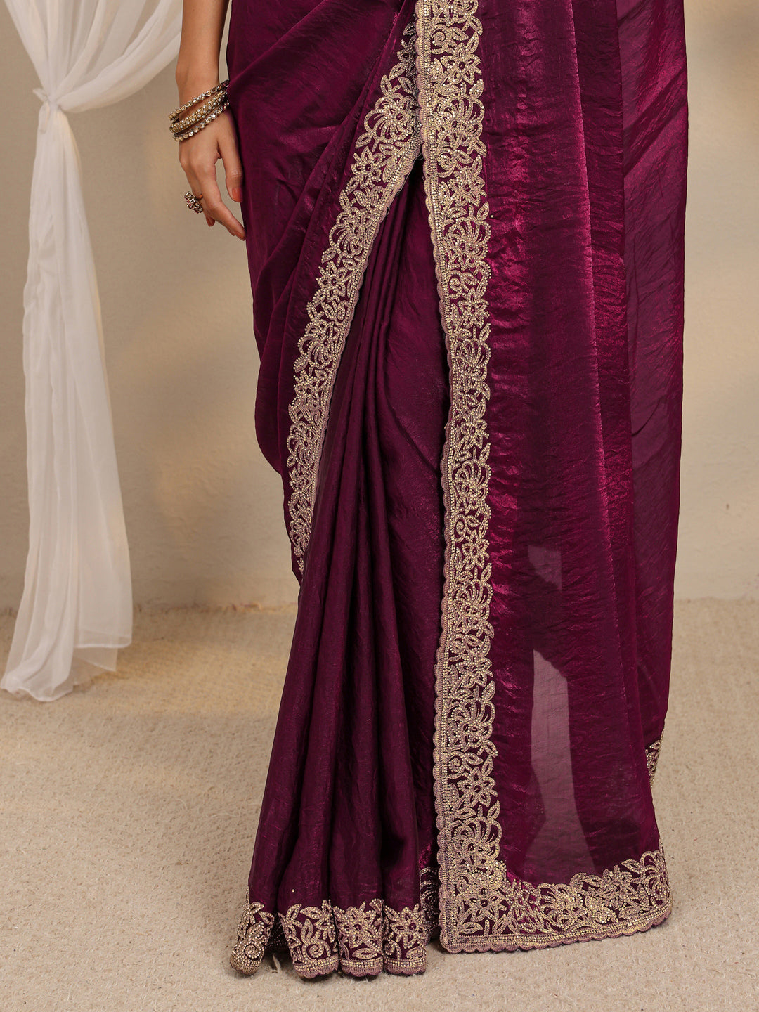  Wine Embellished Tissue Saree With Unstitched Blouse Piece 