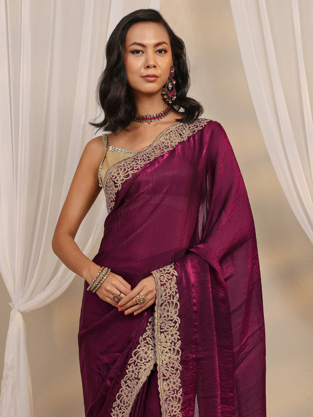  Wine Embellished Tissue Saree With Unstitched Blouse Piece 