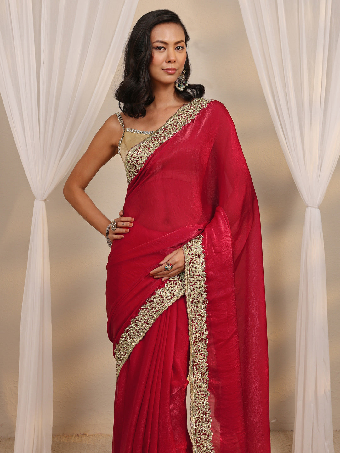  Red Embellished Tissue Saree With Unstitched Blouse Piece 