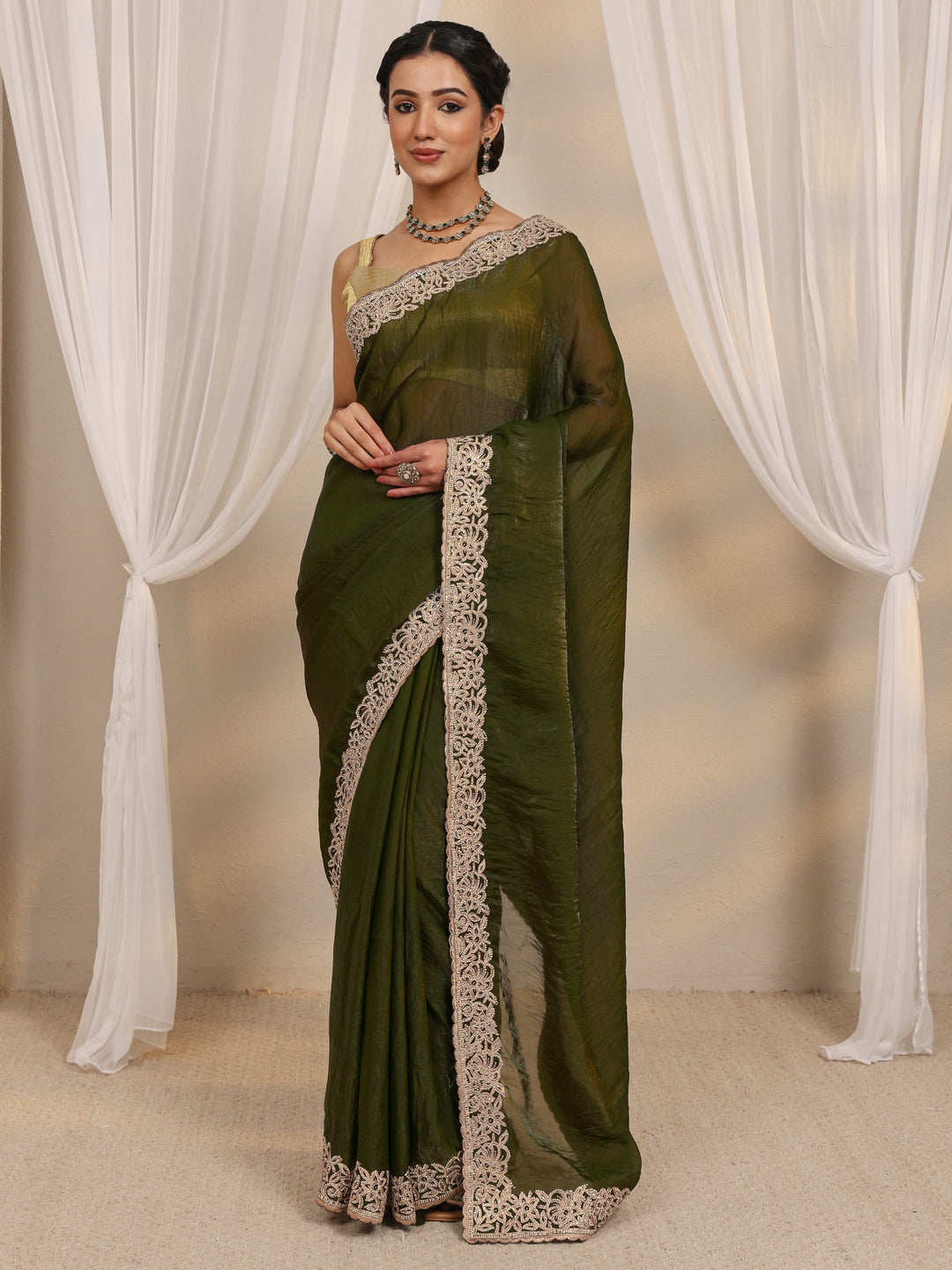  Green Embellished Tissue Saree With Unstitched Blouse Piece 