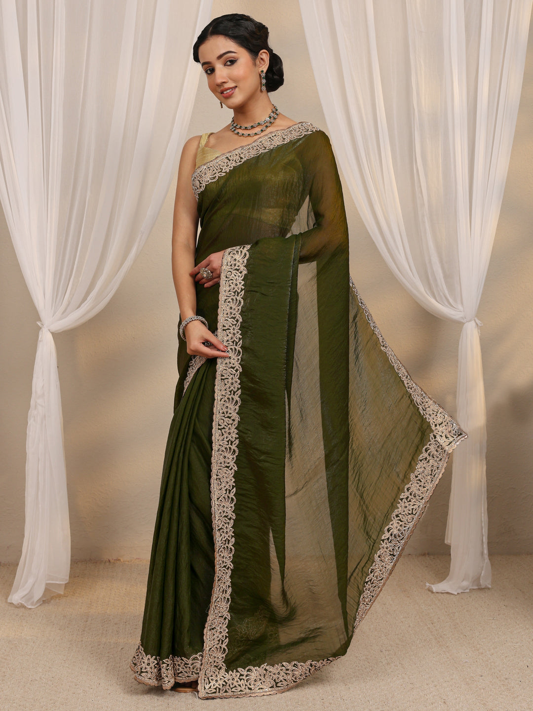  Green Embellished Tissue Saree With Unstitched Blouse Piece 