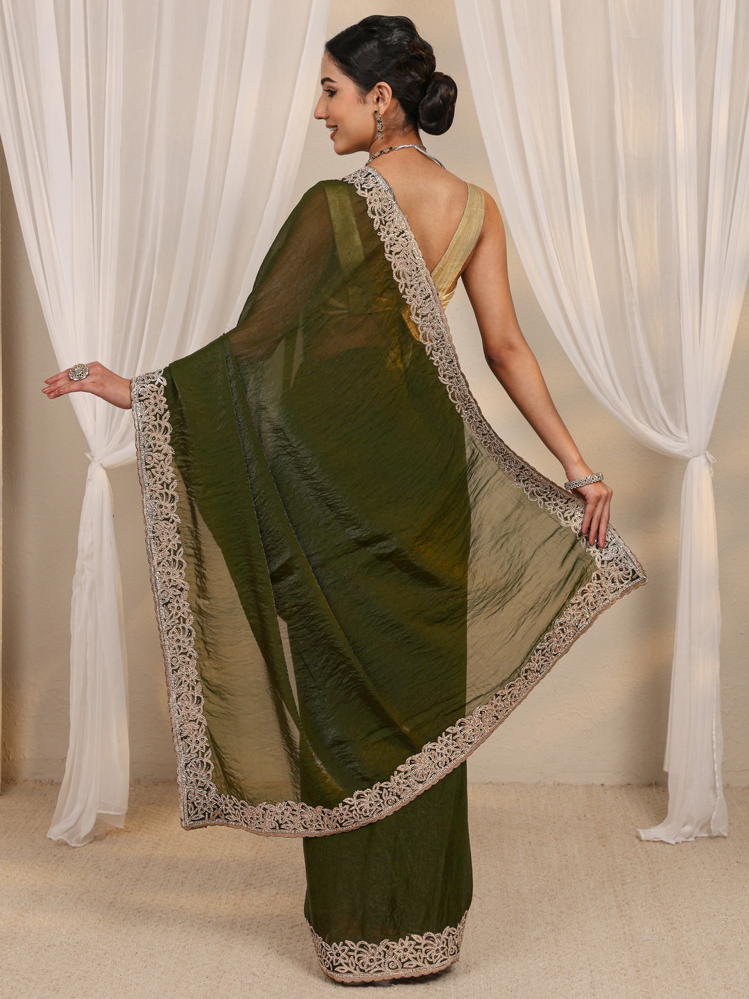  Green Embellished Tissue Saree With Unstitched Blouse Piece 
