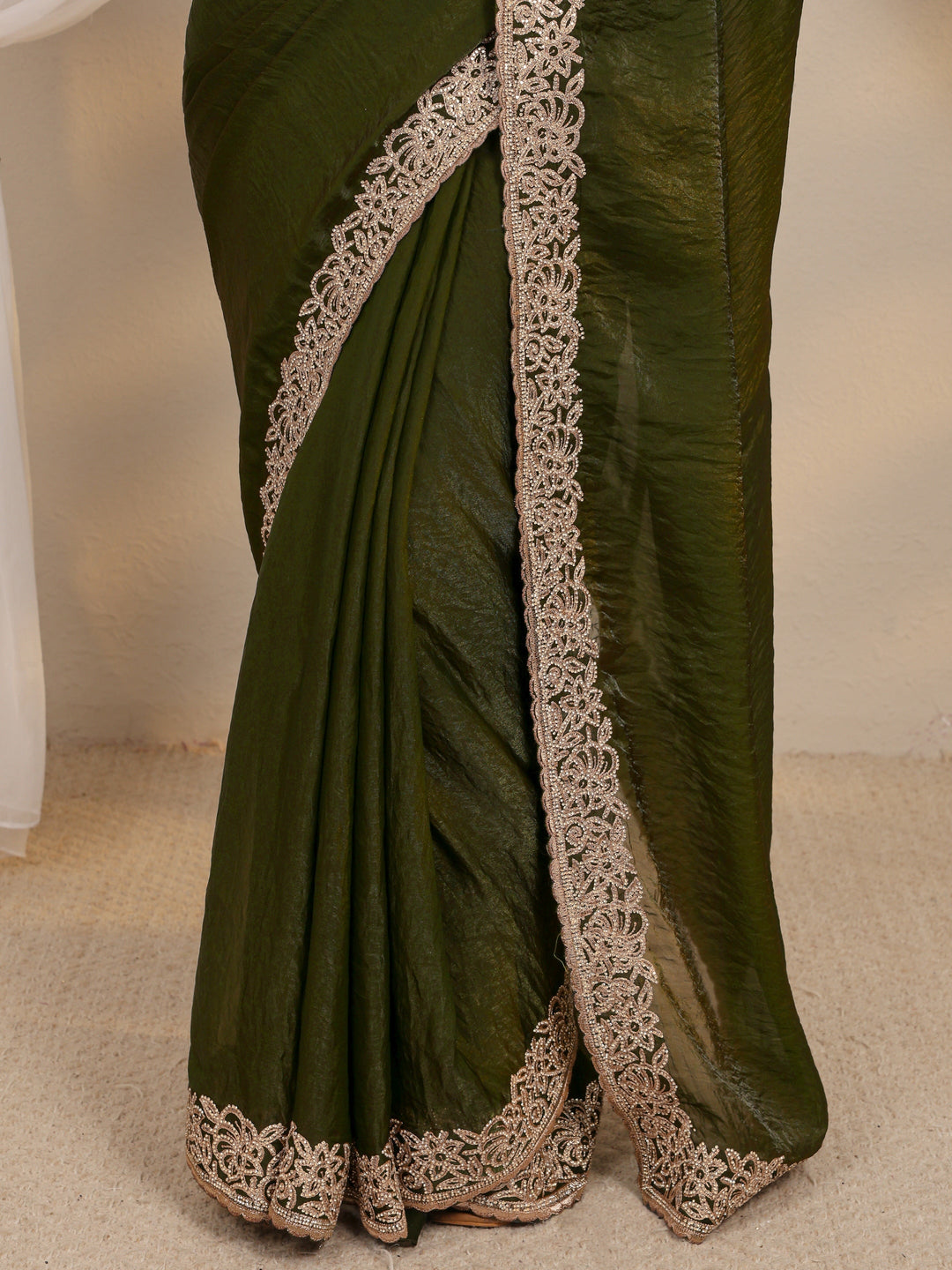  Green Embellished Tissue Saree With Unstitched Blouse Piece 