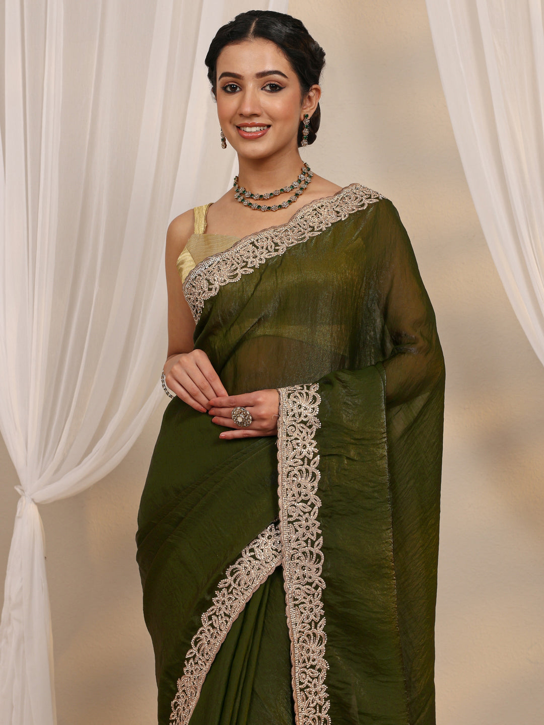  Green Embellished Tissue Saree With Unstitched Blouse Piece 