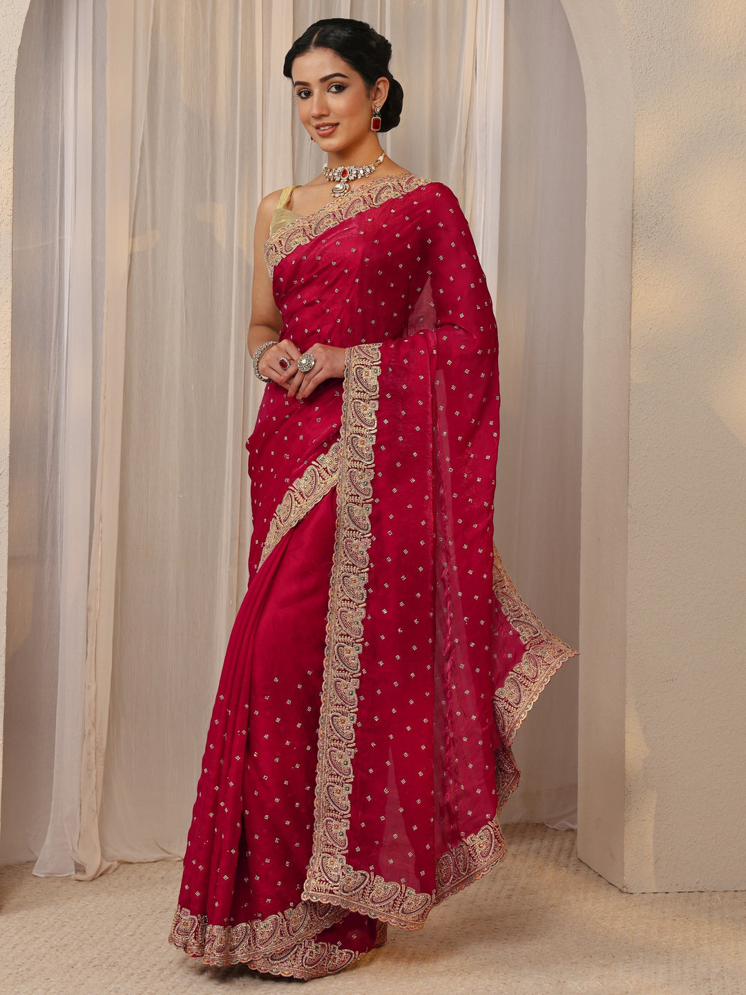  Libas Red Embellished Tissue Saree With Unstitched Blouse Piece 