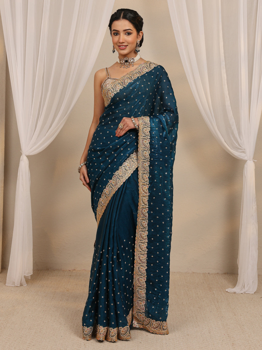  Teal Embellished Tissue Saree With Unstitched Blouse Piece 