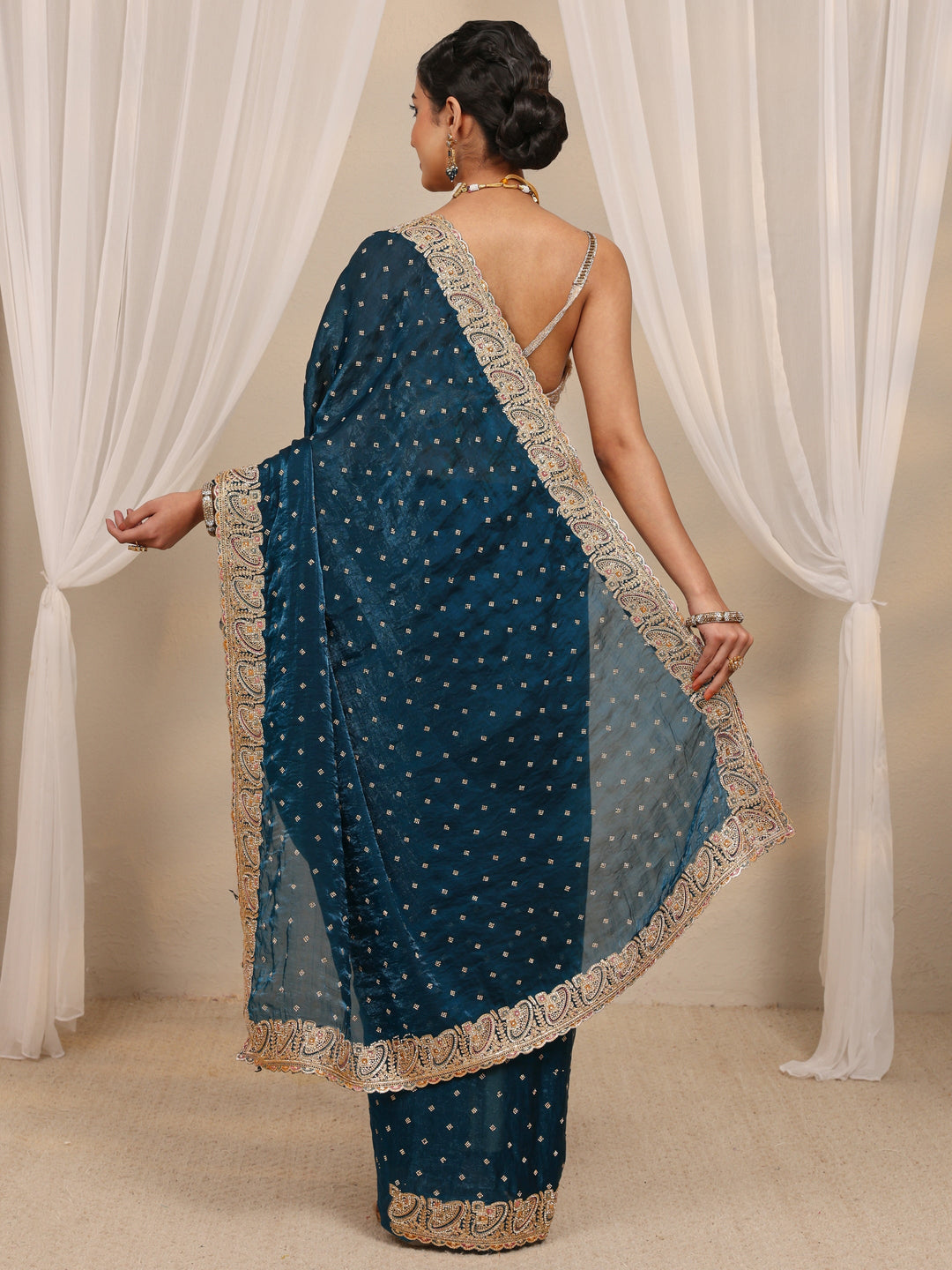  Teal Embellished Tissue Saree With Unstitched Blouse Piece 