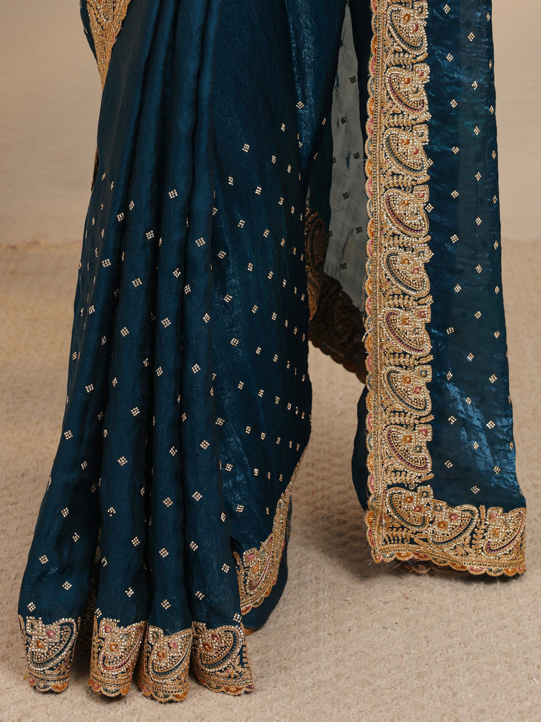  Teal Embellished Tissue Saree With Unstitched Blouse Piece 
