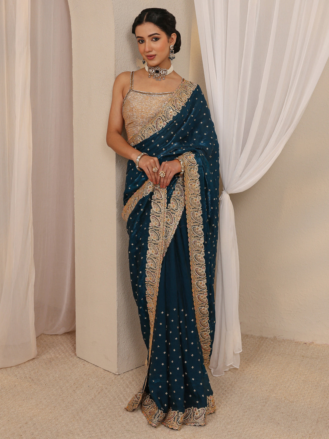  Teal Embellished Tissue Saree With Unstitched Blouse Piece 