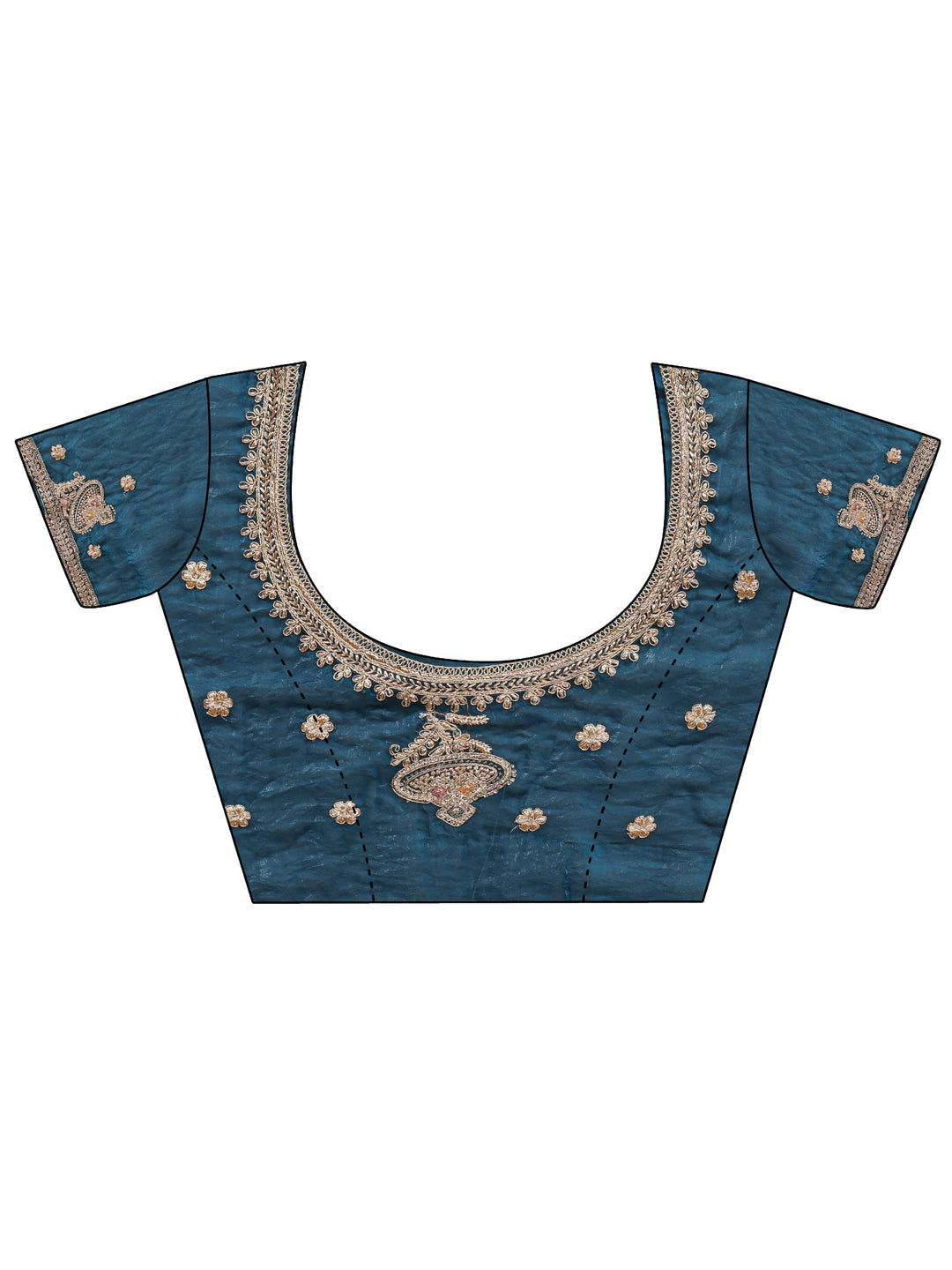  Teal Embellished Tissue Saree With Unstitched Blouse Piece 