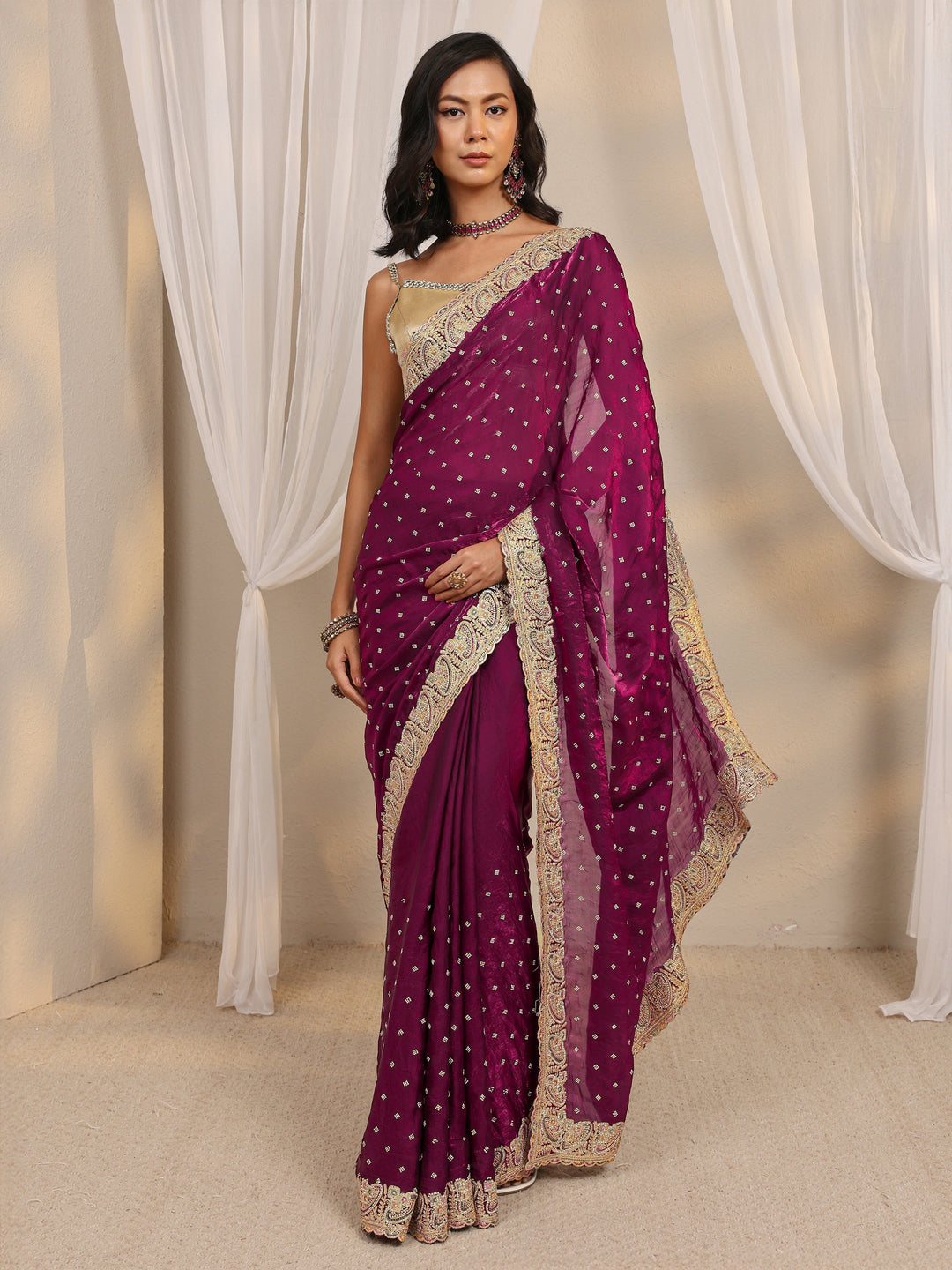  Wine Embellished Tissue Saree With Unstitched Blouse Piece 