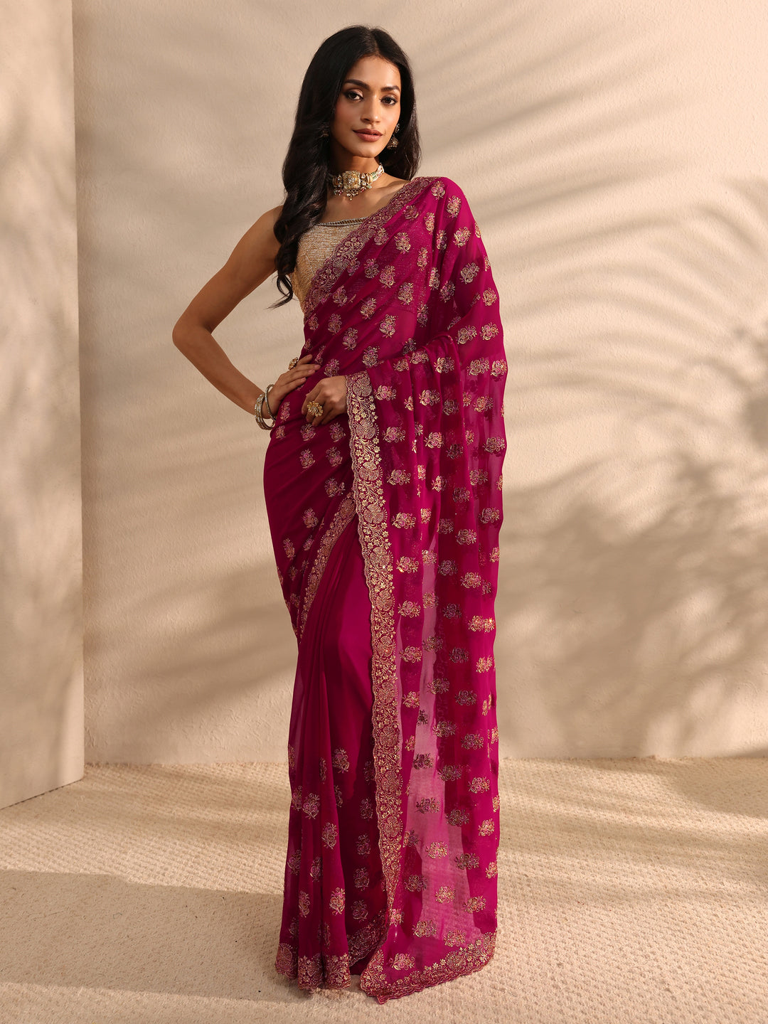 Pink Embellished Georgette Saree With Unstitched Blouse Piece