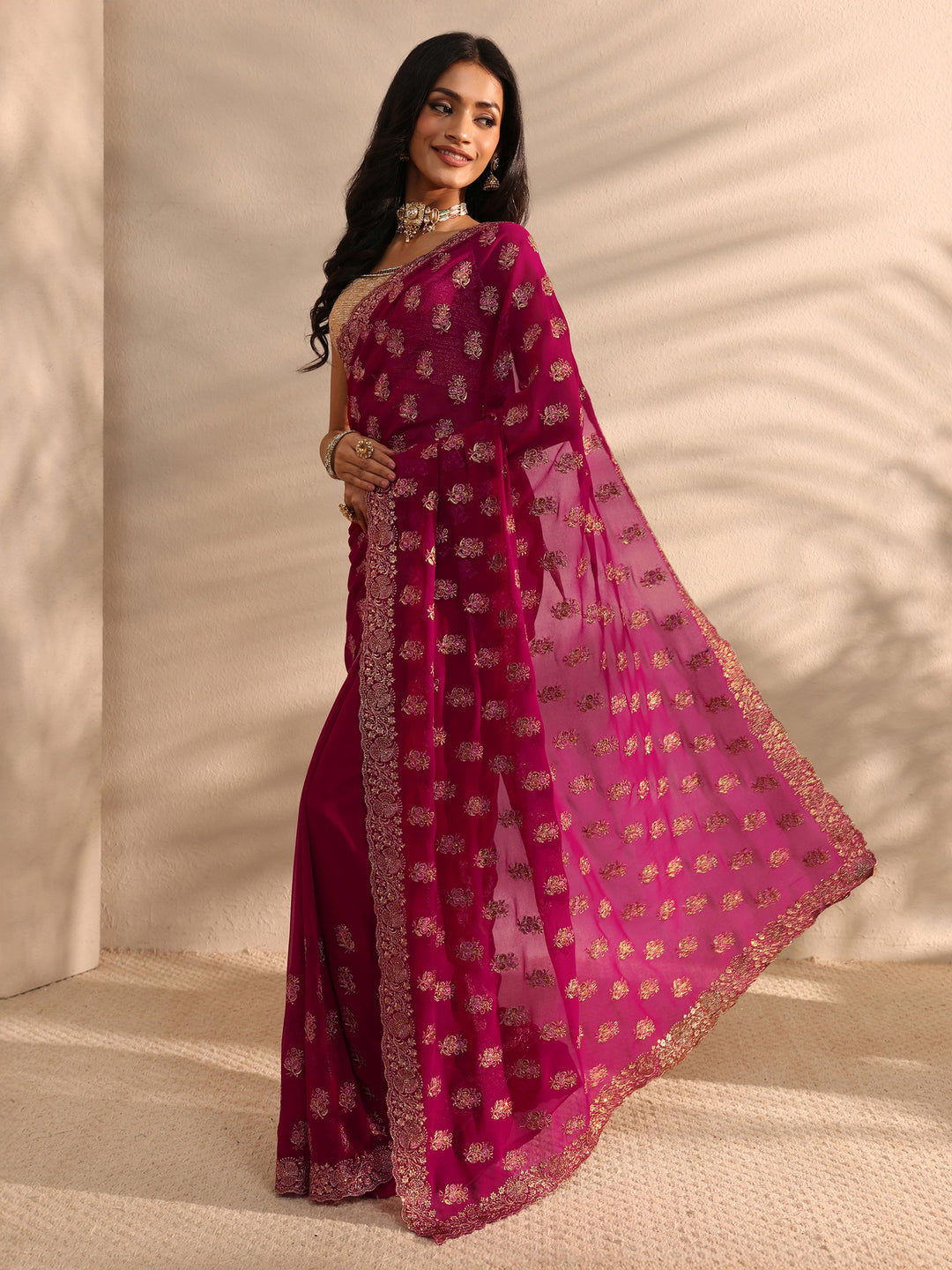  Pink Embellished Georgette Saree With Unstitched Blouse Piece 