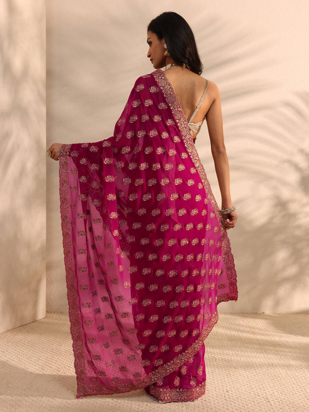  Pink Embellished Georgette Saree With Unstitched Blouse Piece 