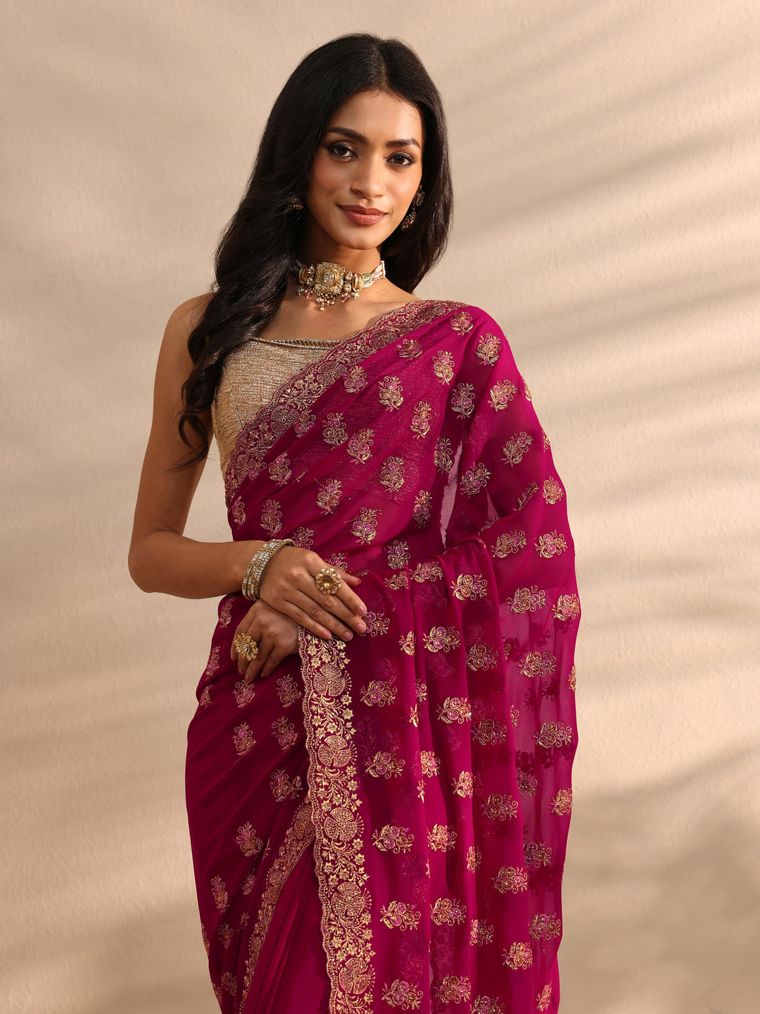  Pink Embellished Georgette Saree With Unstitched Blouse Piece 