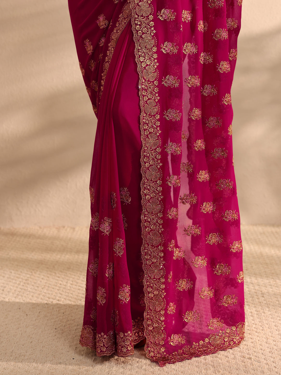  Pink Embellished Georgette Saree With Unstitched Blouse Piece 
