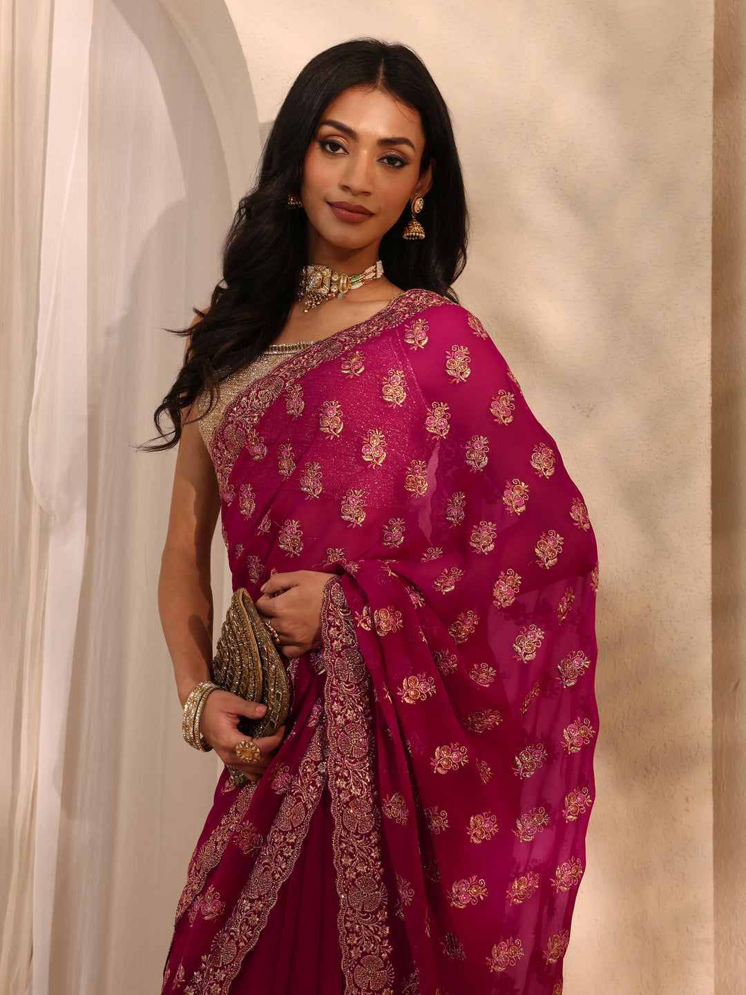  Pink Embellished Georgette Saree With Unstitched Blouse Piece 