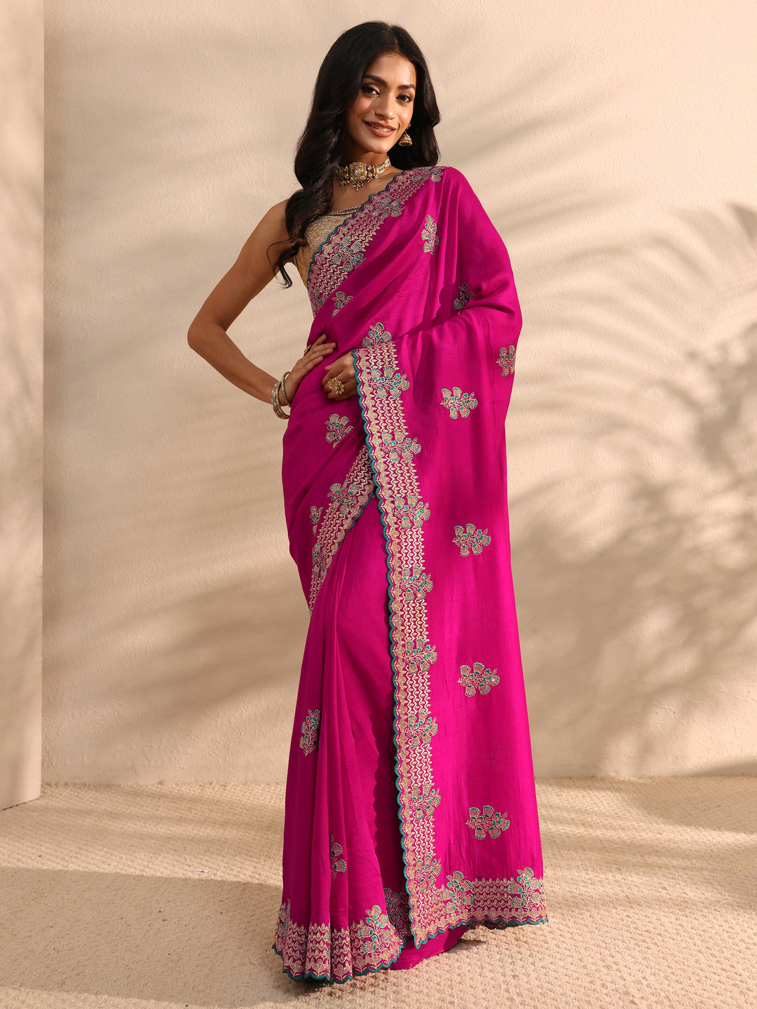  Pink Embellished Silk Blend Saree 
With Unstitched Blouse Piece 