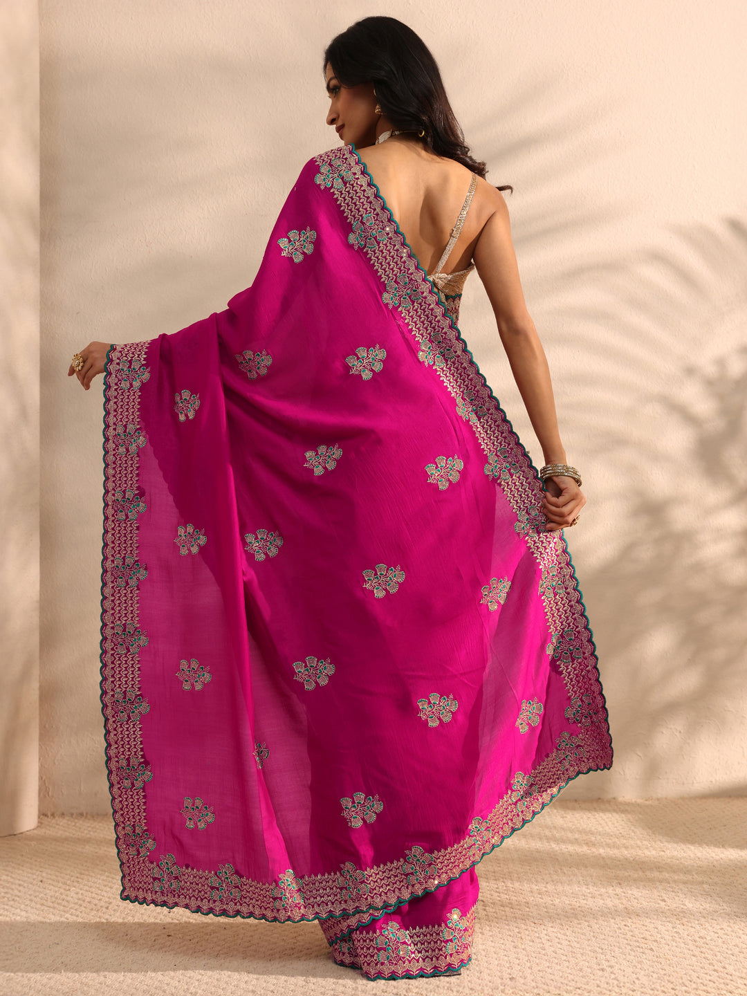  Pink Embellished Silk Blend Saree 
With Unstitched Blouse Piece 