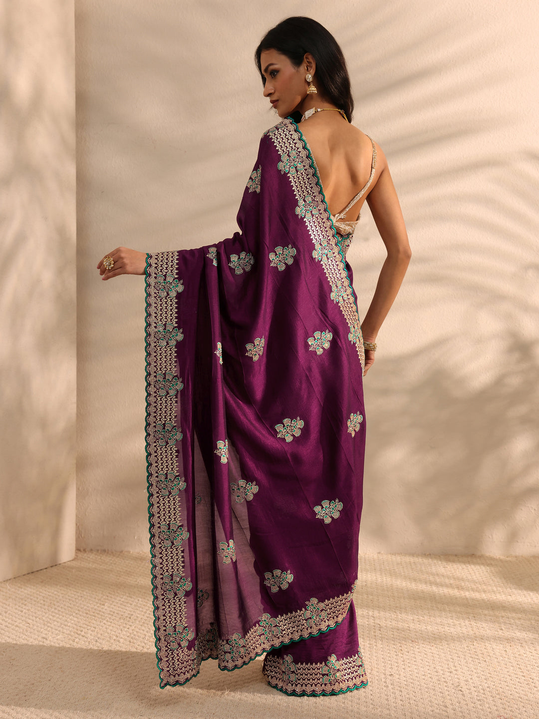  Burgundy Embellished Silk Blend Saree 
With Unstitched Blouse Piece 