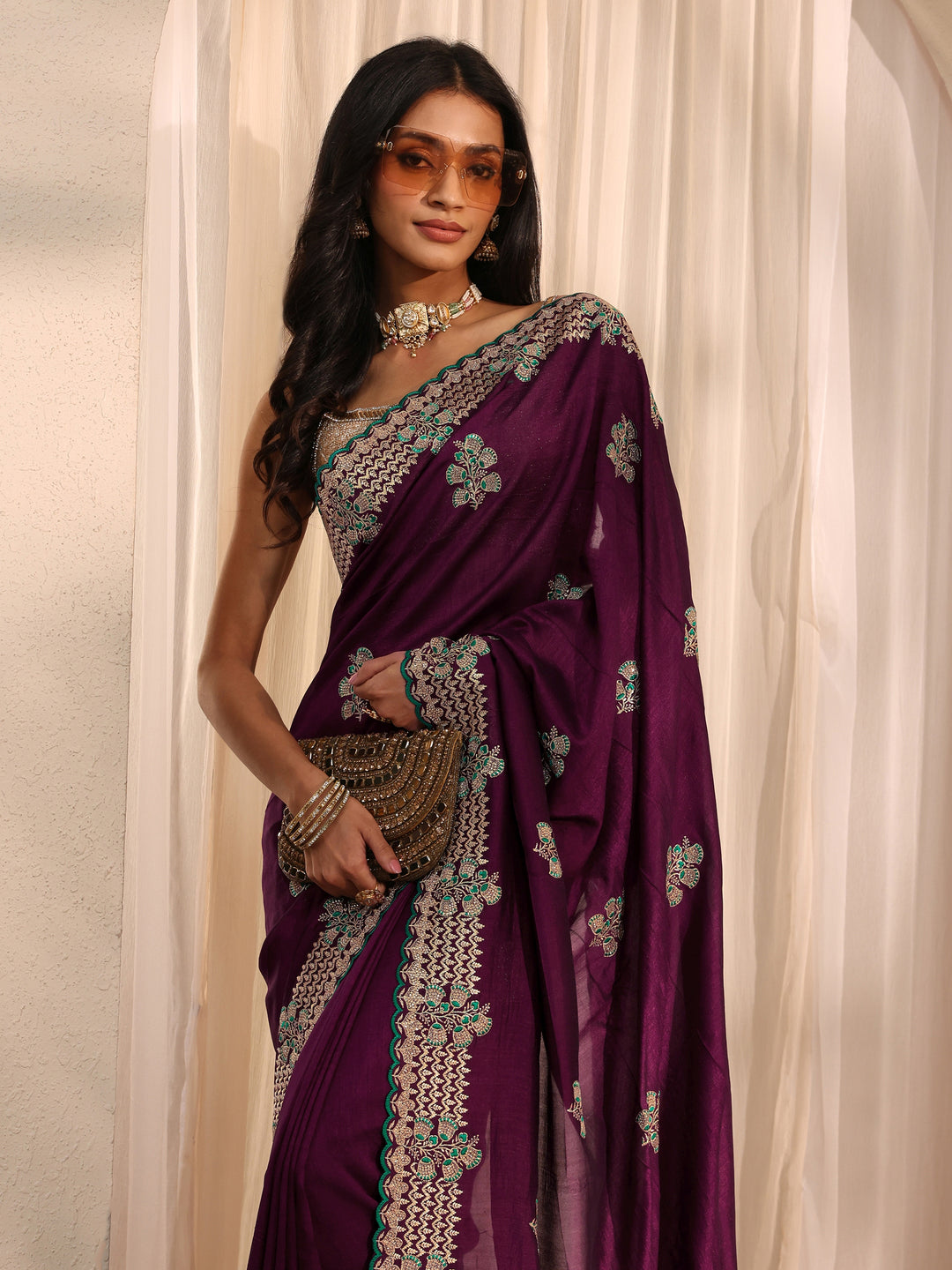 Burgundy Embellished Silk Blend Saree 
With Unstitched Blouse Piece 
