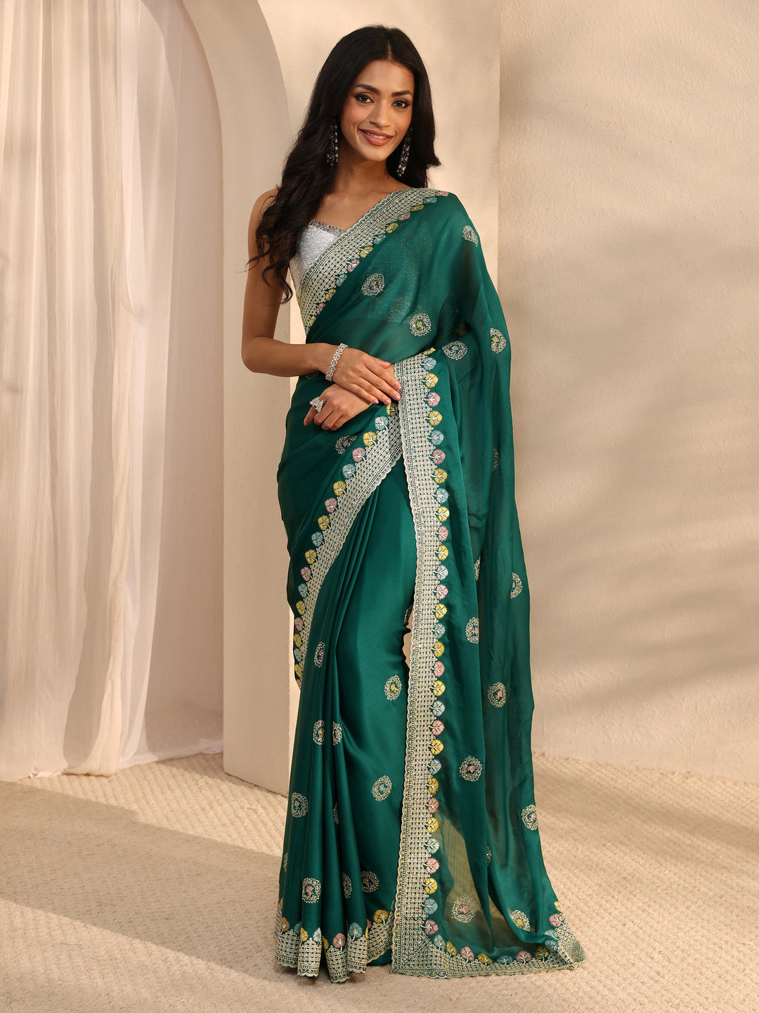  Green Embellished Satin Saree With Unstitched Blouse Piece 