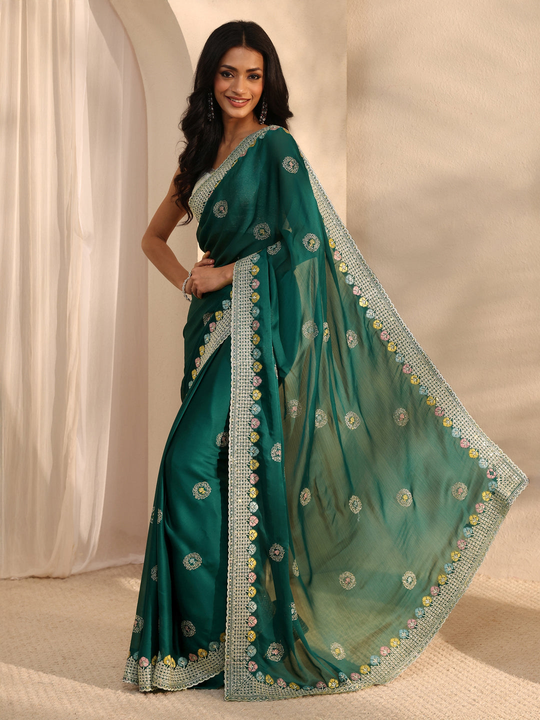  Green Embellished Satin Saree With Unstitched Blouse Piece 