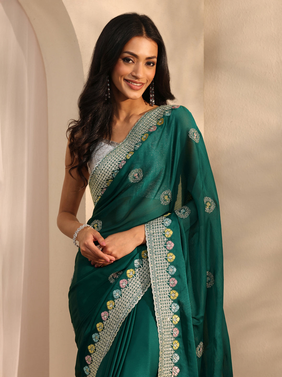  Green Embellished Satin Saree With Unstitched Blouse Piece 