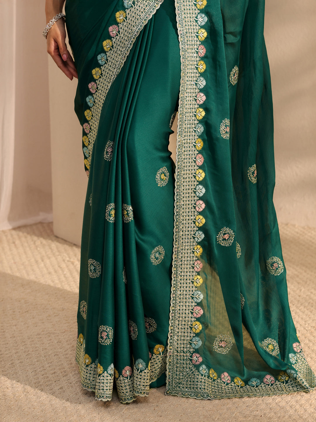  Green Embellished Satin Saree With Unstitched Blouse Piece 