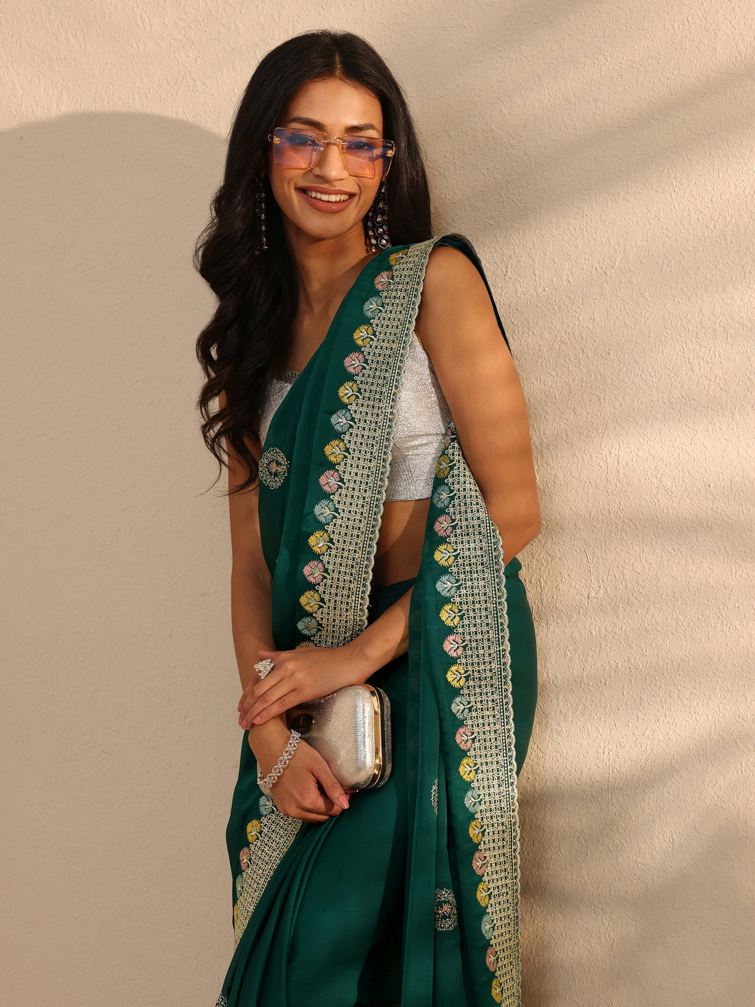  Green Embellished Satin Saree With Unstitched Blouse Piece 