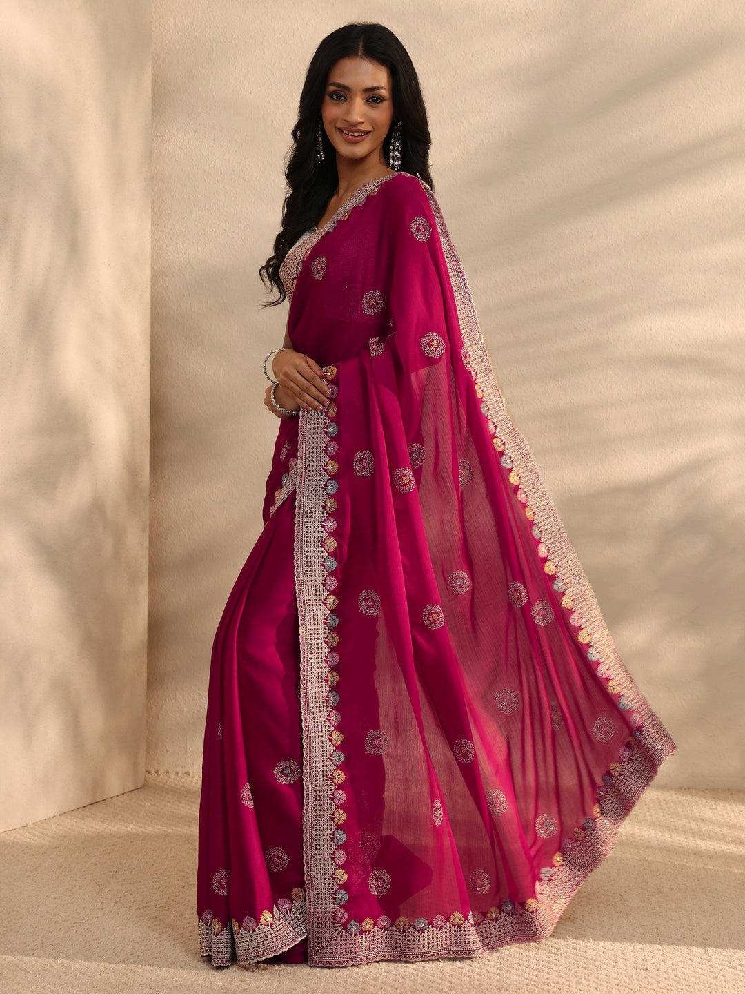  Pink Embellished Satin Saree With Unstitched Blouse Piece 