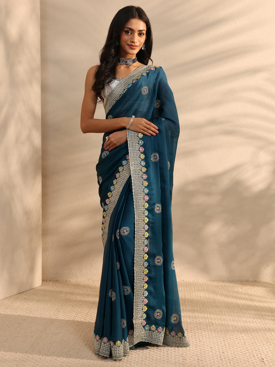  Teal Embellished Satin Sareewith Unstitched Blouse Piece 