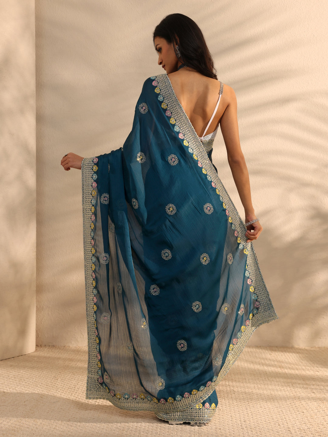  Teal Embellished Satin Sareewith Unstitched Blouse Piece 
