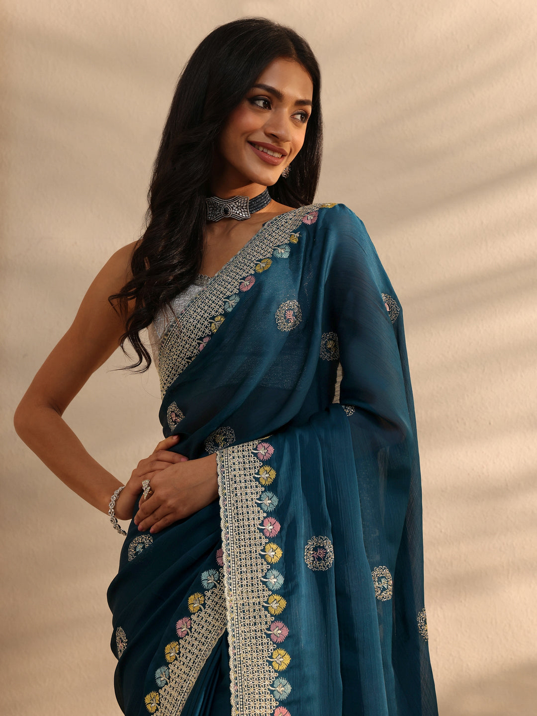  Teal Embellished Satin Sareewith Unstitched Blouse Piece 