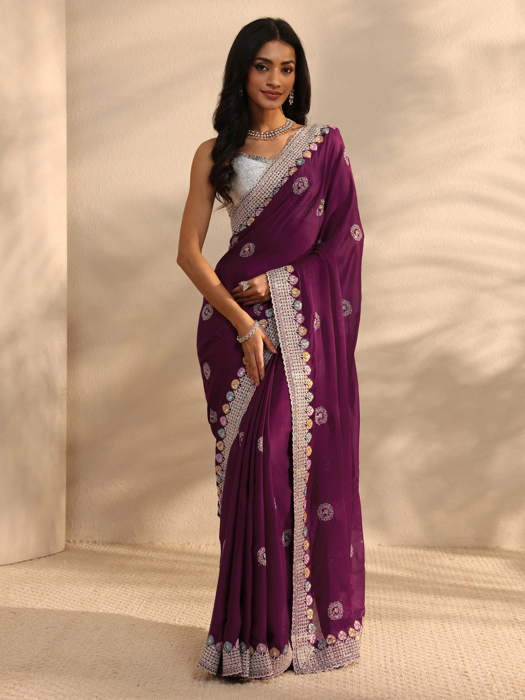  Burgundy Embellished Satin Saree With Unstitched Blouse Piece 