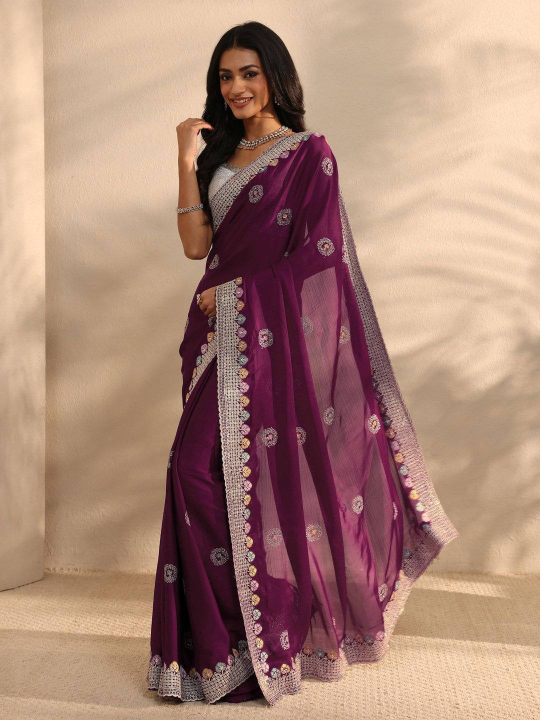  Burgundy Embellished Satin Saree With Unstitched Blouse Piece 