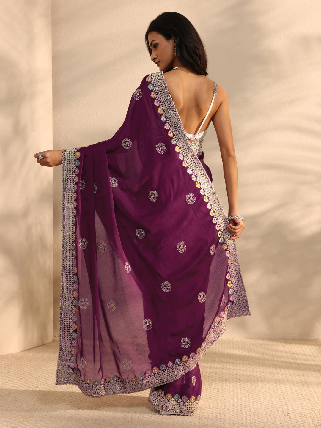  Burgundy Embellished Satin Saree With Unstitched Blouse Piece 