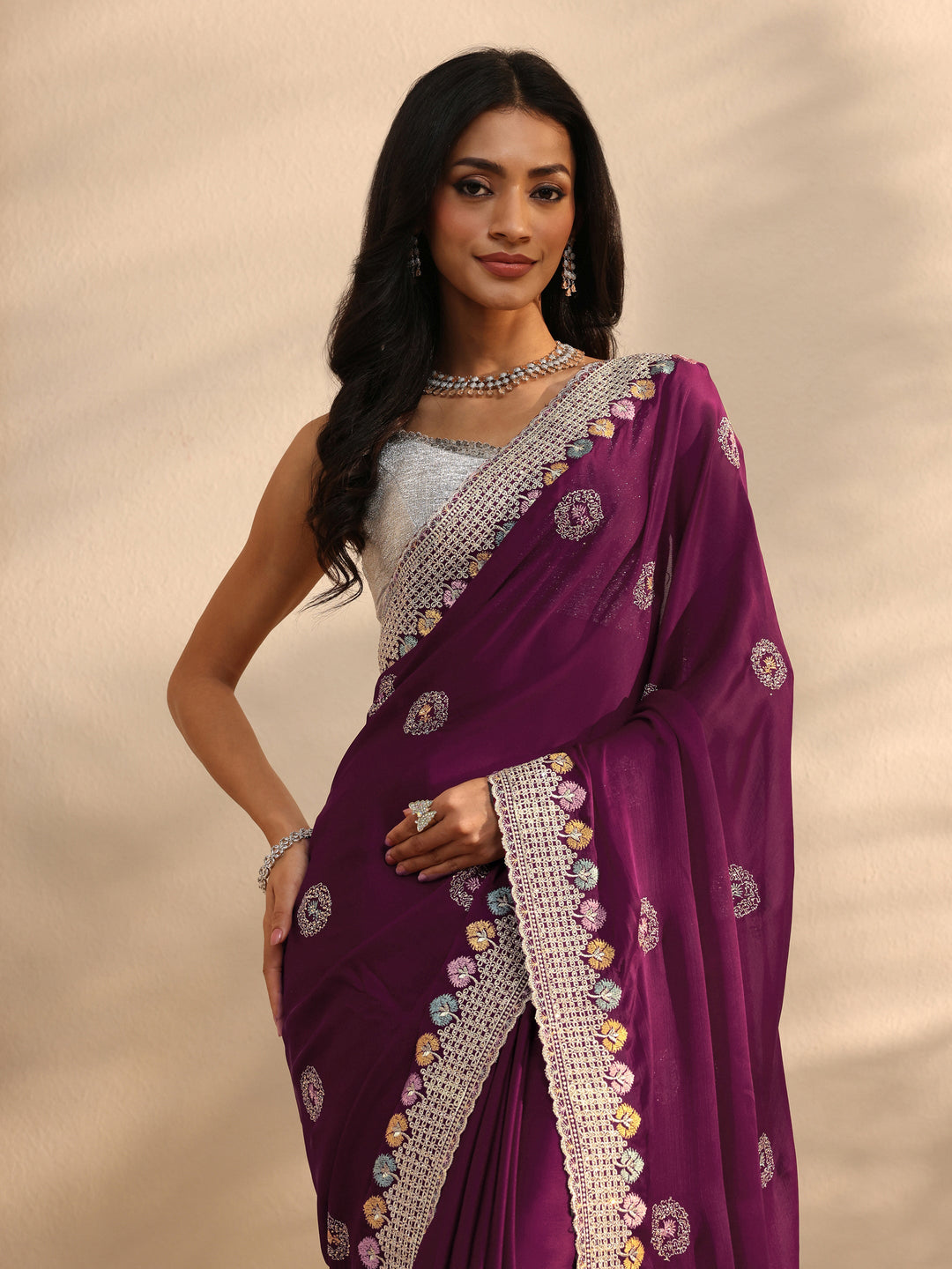  Burgundy Embellished Satin Saree With Unstitched Blouse Piece 