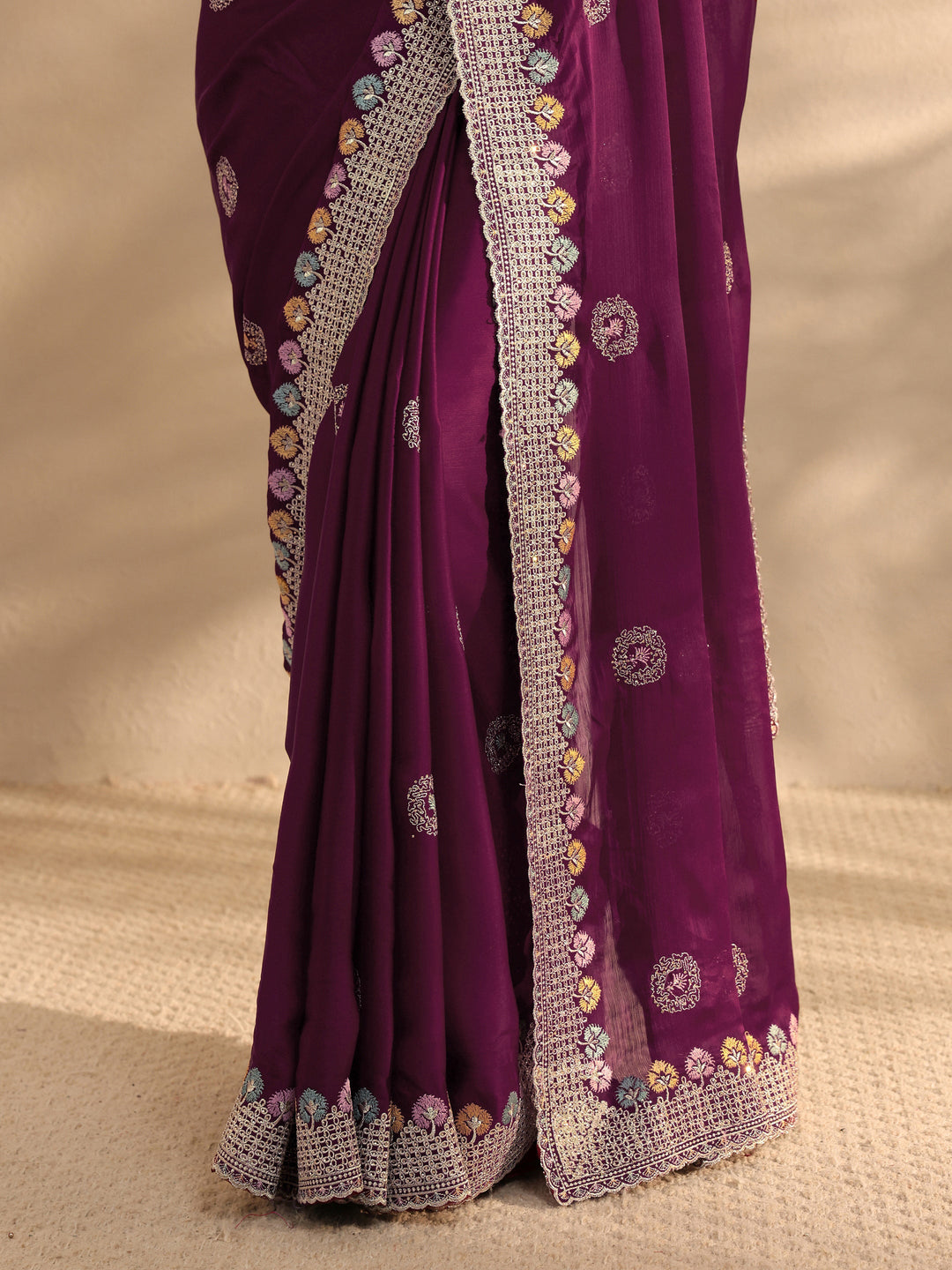  Burgundy Embellished Satin Saree With Unstitched Blouse Piece 