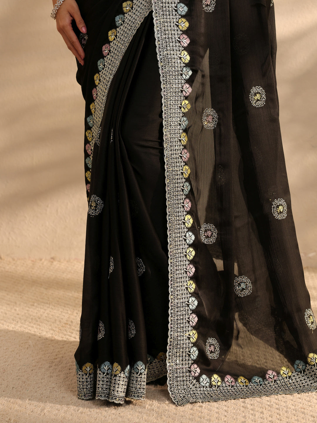  Black Embellished Satin Saree With Unstitched Blouse Piece 