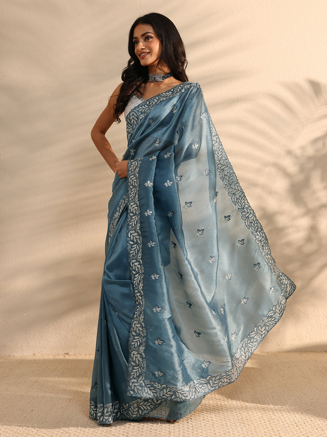  Blue Embroidered Silk Blend Saree 
With Unstitched Blouse Piece 