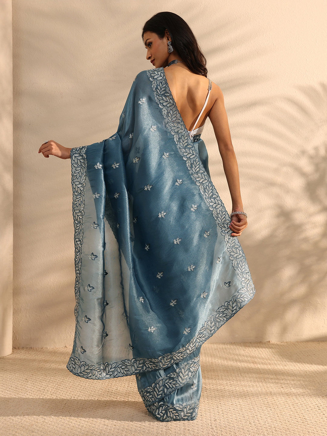  Blue Embroidered Silk Blend Saree 
With Unstitched Blouse Piece 